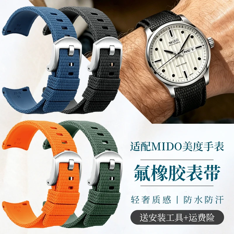 Correa de reloj de caucho fluorado FKM con extremo curvado y liberación rápida, compatible con las series Mido Multifort, Ocean Star, Commander y Baroncelli