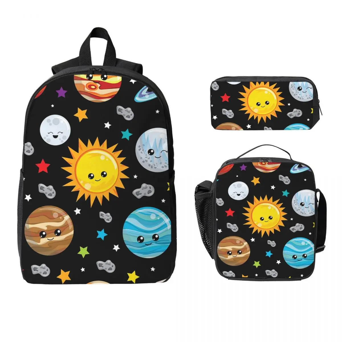 Kawaii Planets Cute Solar System Backpack Boy Girl BookBag School Bag Computer Shoulder Bags 3ps Insulated Lunch Bag Pencil Case