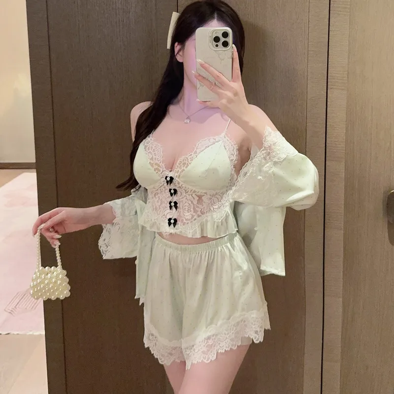 

Ice Silk Suspender Shorts Chest Pad Pajamas Women's Summer Sexy Home Wear New Polka Dot Spring And Autumn Four Piece Set