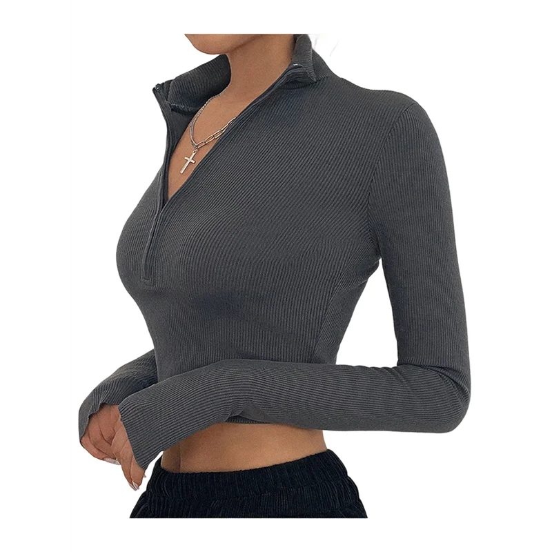 

A83F-Женские рубашки с длинными рукавами, деловые повседневные топы с воротником и v-образным вырезом, вязаный свитер в рубчик, облегающие блузки, одежда Y2k, серый L