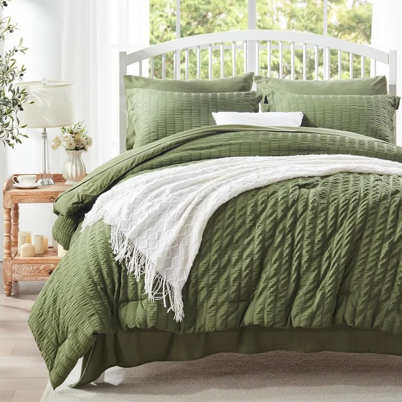 Queen Comforter Set 7 pieces, Olive Green Seersucker Bed in a Bag with Comforter and Sheets, All Season Bedding Sets