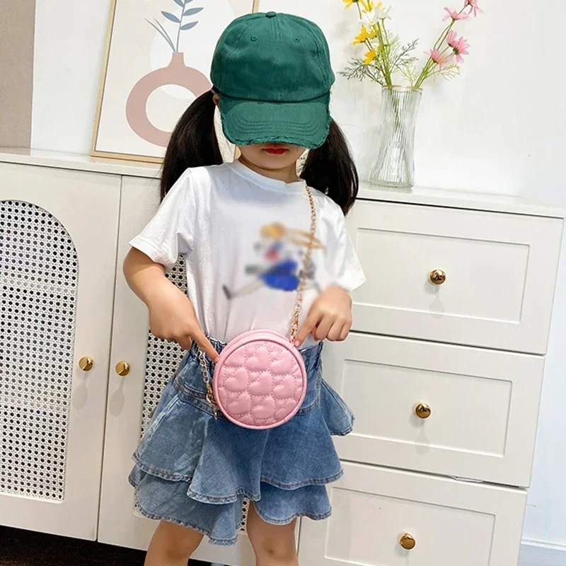 Korean Round Crossbody Bags Children PU Leather Princess Chain Heart-shaped Shoulder Bag Baby Girls Mini Coin Purse Handbags