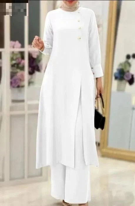 ปุ่มด้านข้างเสื้อกางเกงขากว้างชุดเจียมเนื้อเจียมตัวมุสลิม 2 ชิ้น Abaya ชุดธรรมดาแขนยาวดูไบ Eid ชุด PLUS ขนาดสูง Fit