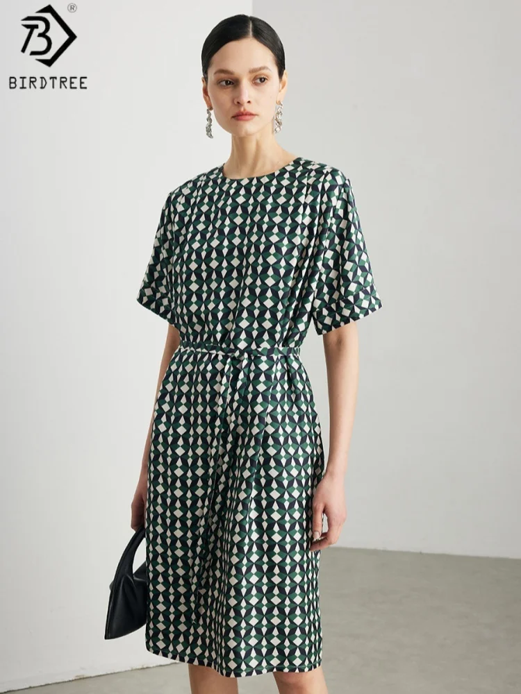 BirdTree, 100% Real Silk Floral Dress, O-neck Short Sleeve, Women's Twill Silk Sash Dresses, 2026 Spring Summer New D64331JF