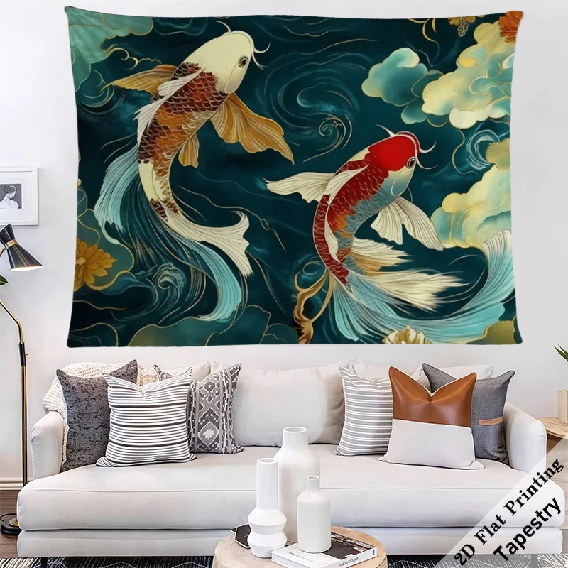 Luxury Koi Fish Tapestry Wall Hanging Japanese Oriental Decor Watercolor Asian Art Abstract Pond Scene Wall Scroll Large Modern