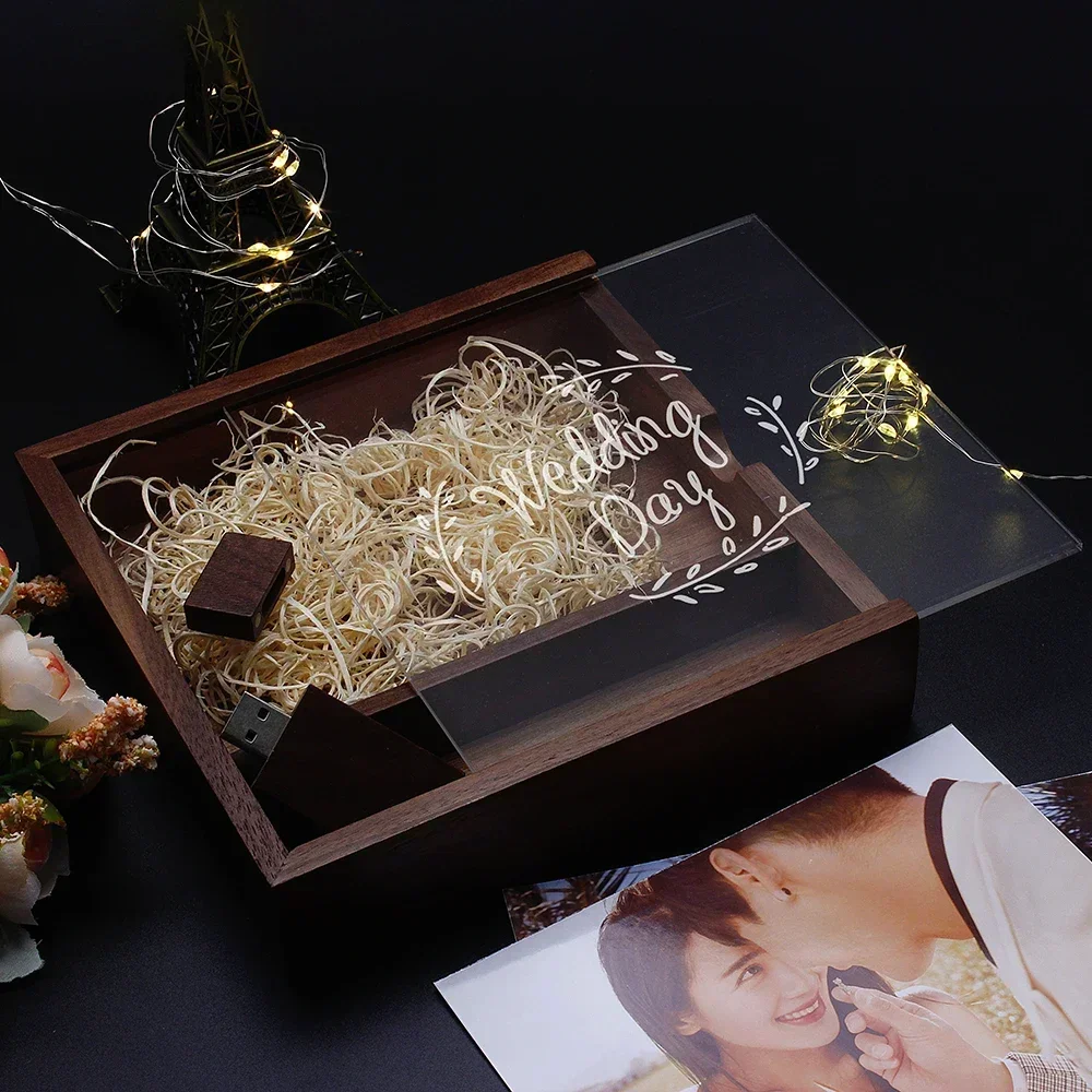 5PCS Lote USB Flash Drive 128GB Free Custom Logo Pen Drive 64GB Wooden Album Box Memory Stick Wedding Gifts Pendrive 32GB 16GB