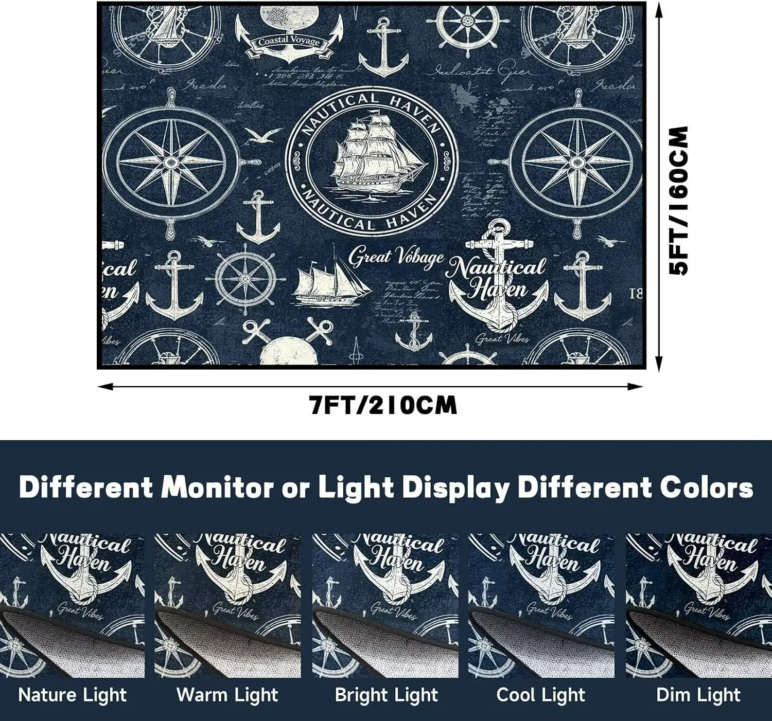 Dark Navy Nautical Rug, Anchor Ship Wheel Vintage Sailing Marine Pattern,Non-Slip Washable Mat for Living Room Sofa Dining Decor