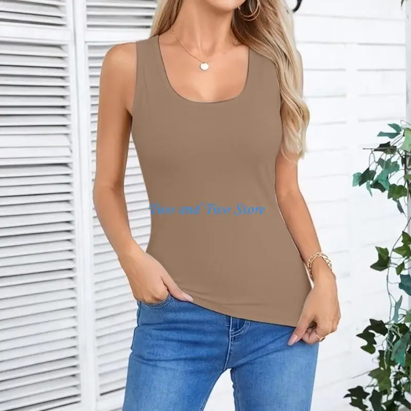 HX6F Women's Sleeveless Top Form Fitting Neck Ribbed Knit Basic Cami Shirts