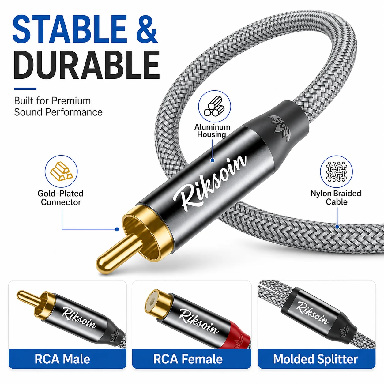 Riksoin RCA Male to Dual RCA Female Y Splitter Cable, Gold-Plated Audio Adapter for Stereo, Subwoofer, TV, Speaker, Home Audio
