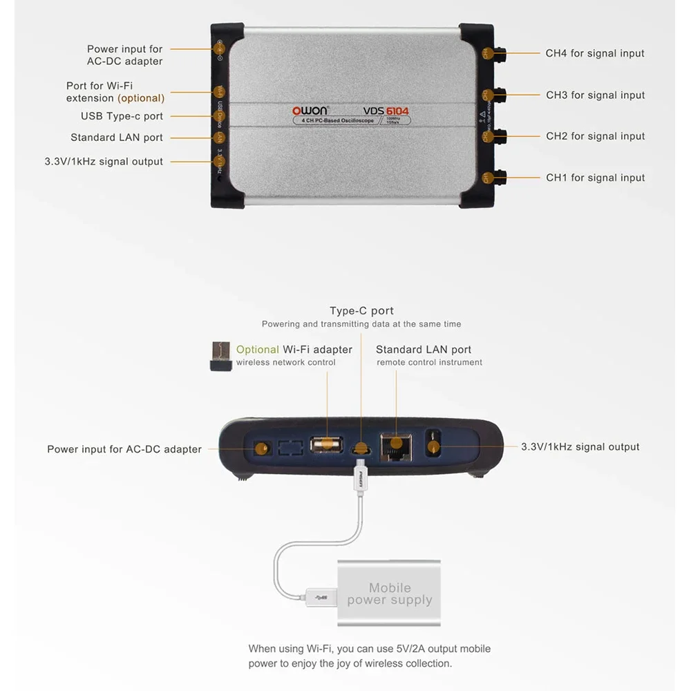 OWON VDS6074/VDS6104 Digital Oscilloscopes 4CH 70MHz/100Mhz 8Bits/14Bits Handheld Portable USB Oscillosco 10M Redcord Length