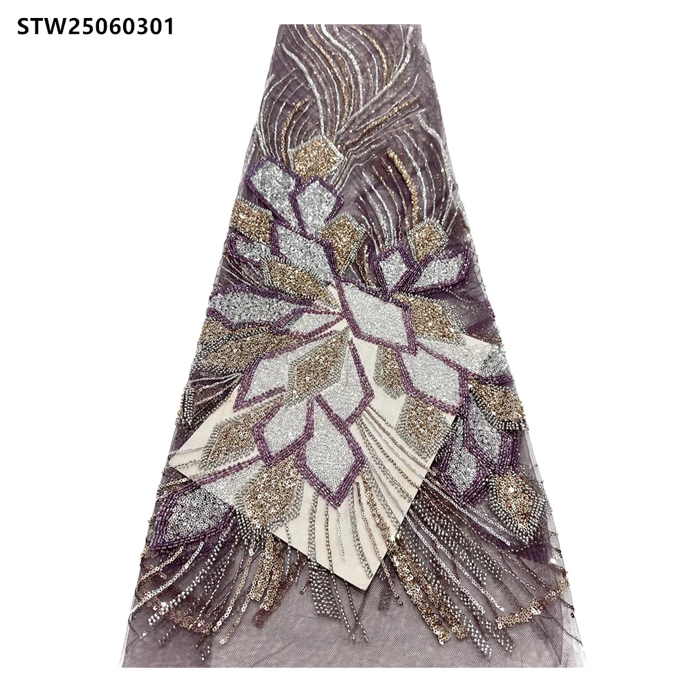 

Французская тюлевая сетчатая кружевная ткань с бусинами и блестками Элегантный свадебный материал STW25060301