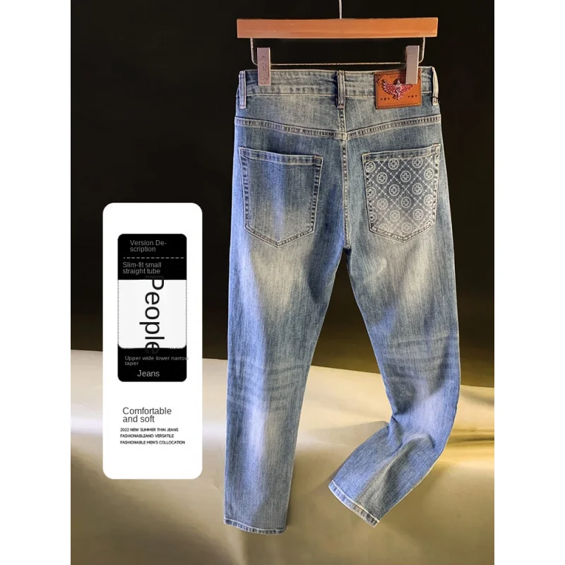 الراقية الخفيفة الفاخرة الرجال الجينز الاتجاه الخريف منتج جديد سليم صالح القدم الصغيرة منتصف الخصر الرجعية غسلها النسخة الكورية السراويل للرجال