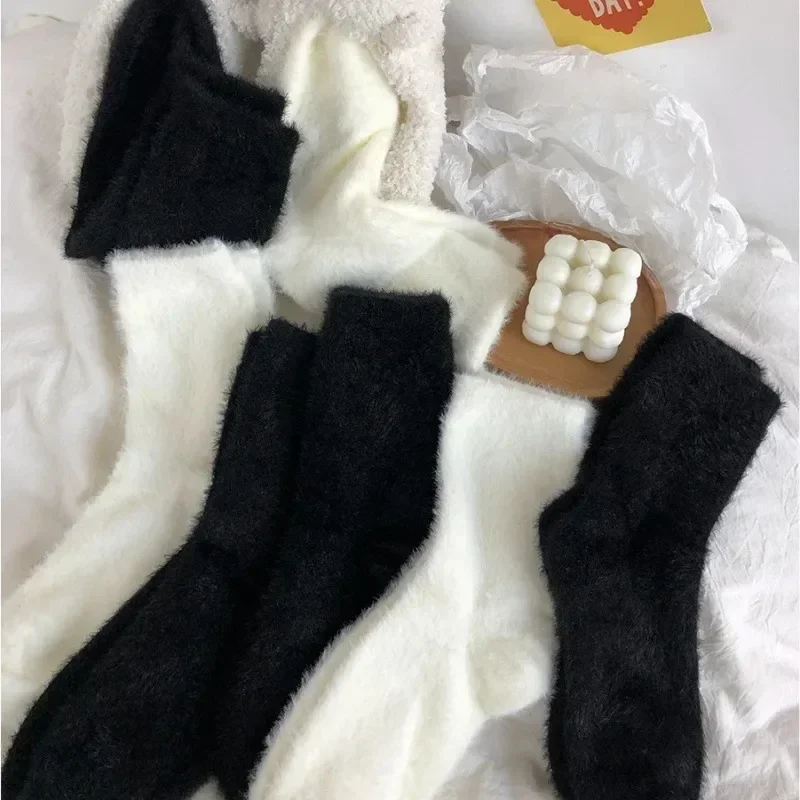 1/2Pairs Mink Fleece Socks Socks for Women Winter Mid-tube Socks White Thickened Warm Coral Fleece Sleeping Socks Kawaii Socks