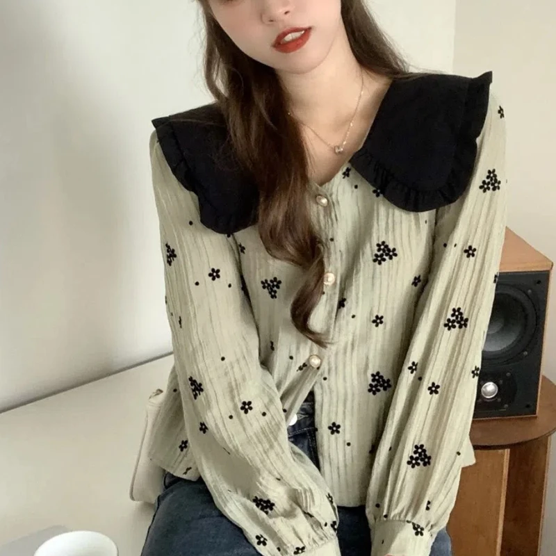 Spring Autumn New Fashion Doll Collar Long Sleeve Printing Blouses Women's Clothing Sweet Button Loose Trend Simplicity Shirts