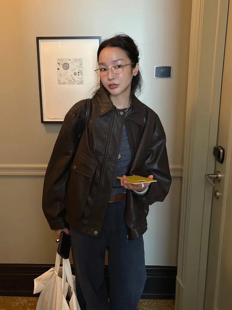 

Весна 2026: Новая женская куртка из искусственной кожи с ретро-воротником, эластичным низом, теплая, с длинными рукавами, на молнии