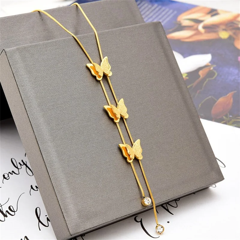 316L Stainless Steel New Fashion Fine Jewelry Butterfly Zircon Tassel Charms Snake Chain Choker Necklaces Pendants For Women