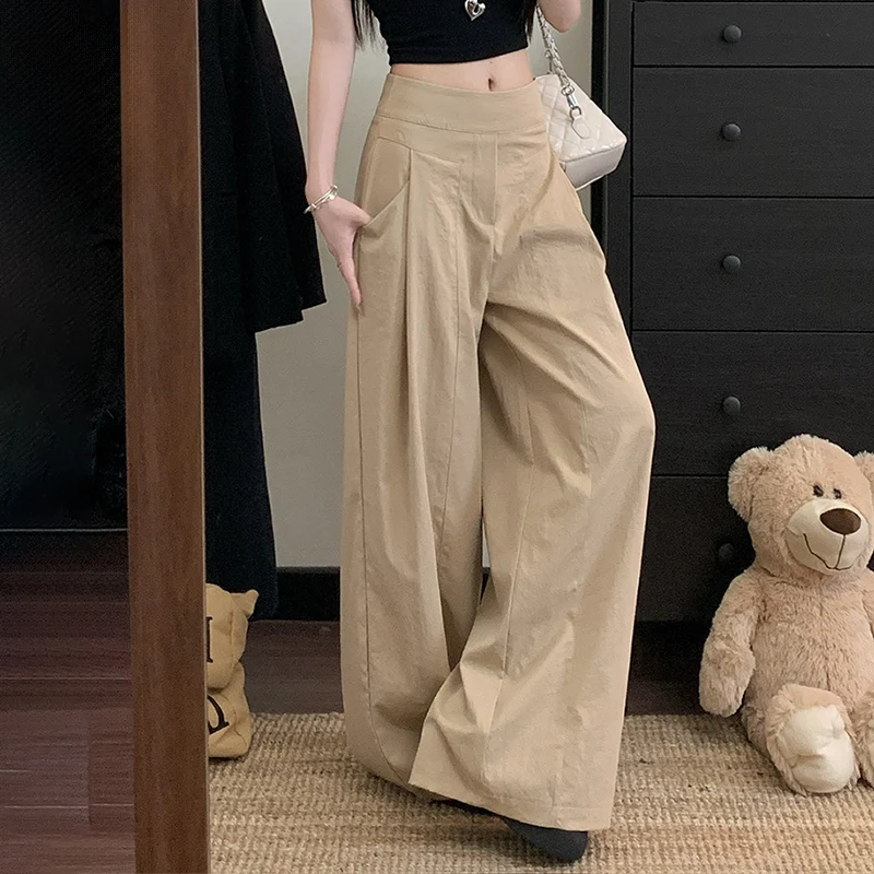 Y2K drapé kaki pantalon à jambes larges femmes printemps automne mince Baggy taille haute pantalon coréen léger luxe longueur au sol pantalon femme
