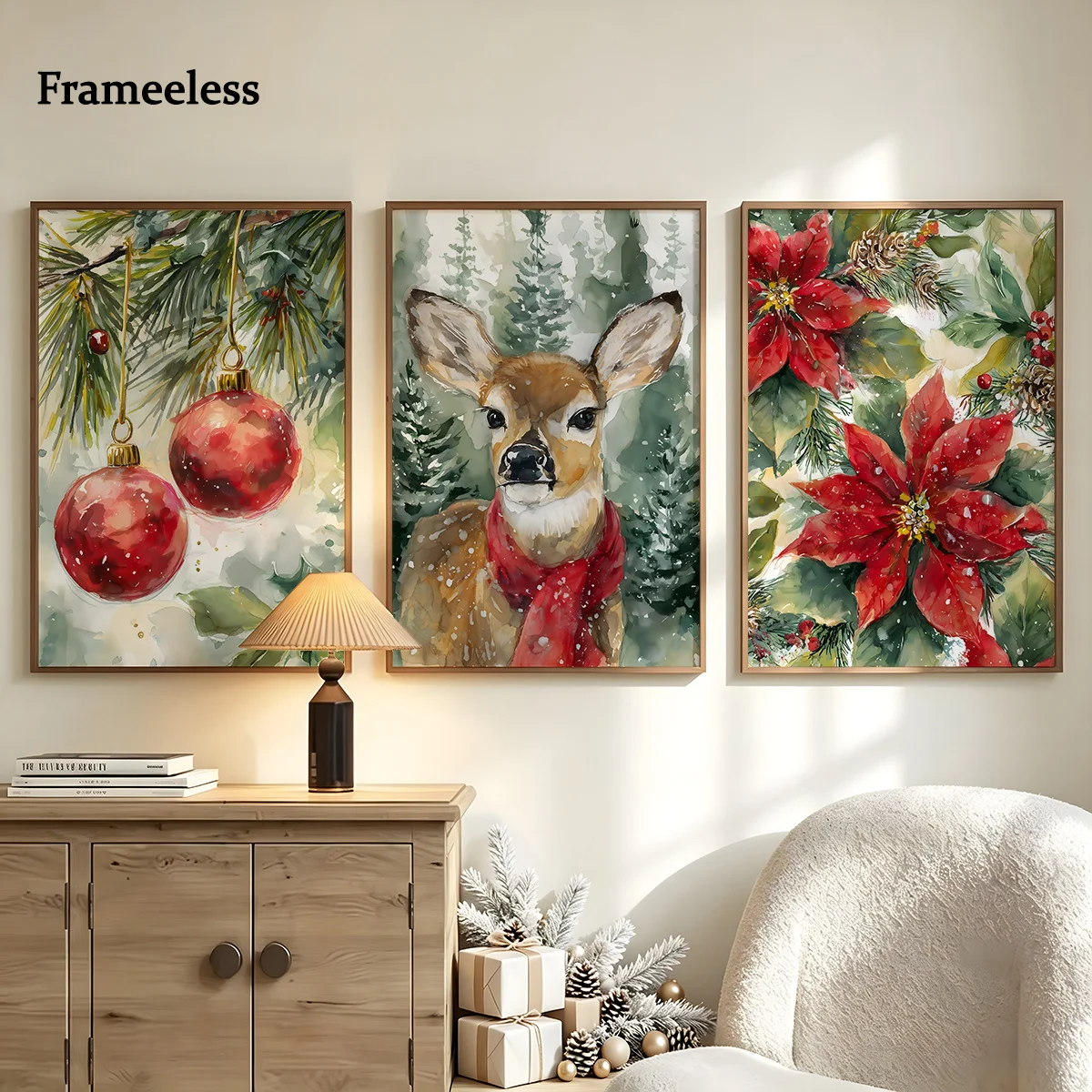 3Pcs Watercolor Christmas Deer Floral Bauble Canvas Poster Wall Art,2D Print Wall Decor,Festival Home Decoration For Living Room