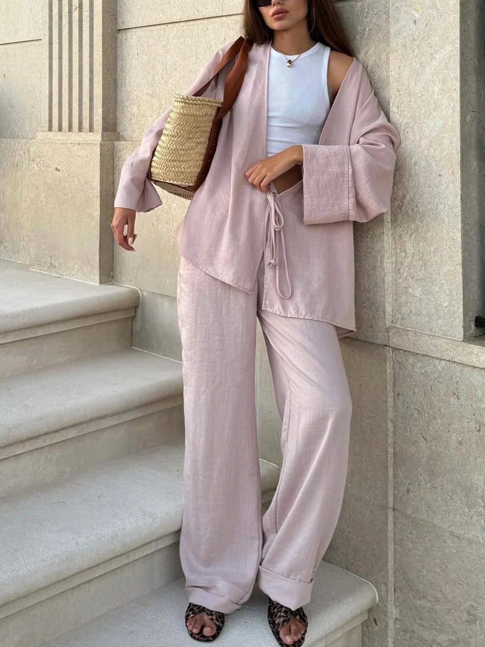 

Linen Kimono Pajamas for Women 2 Pieces Set Solid Tie Shirt Casual Straight Trousers Set Fashion Slit Shirt Women Pjs Homewear