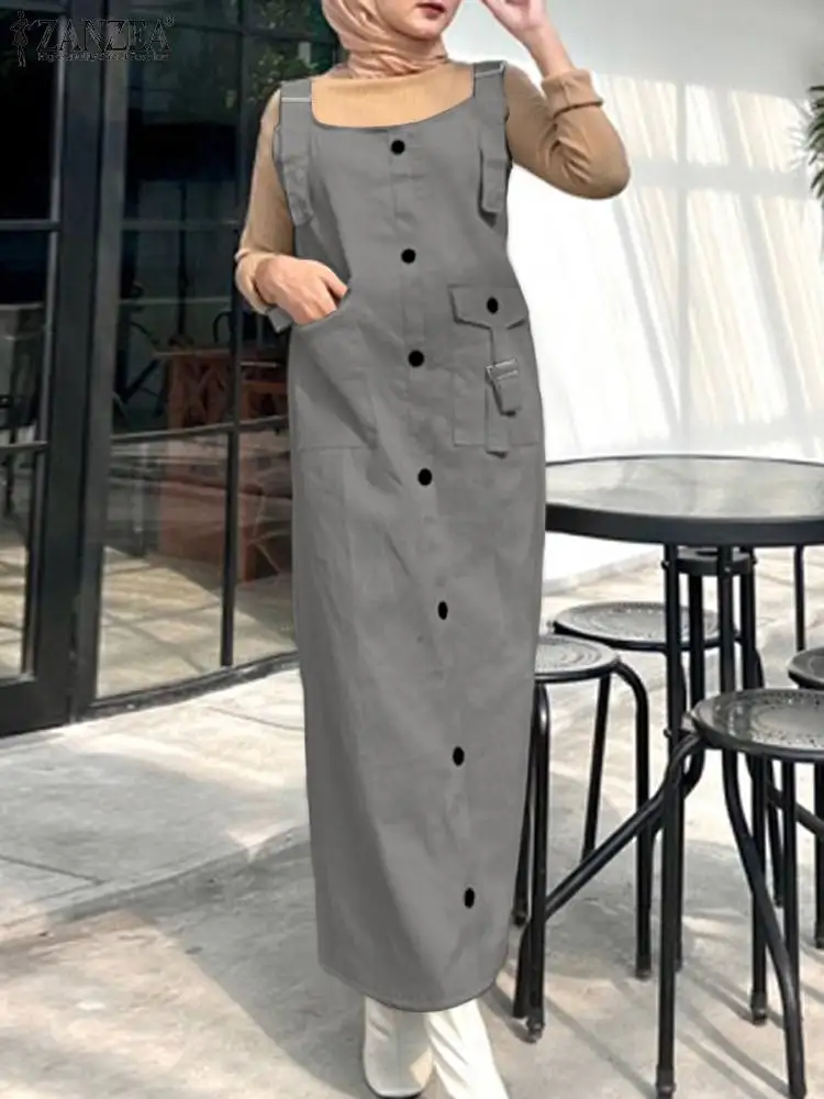 ZANZEA Fashion Eid Mubarek Muslim Dress Woman Sleeveless O-Neck Dresses Vintage Party Sundress Elegant Solid Strap Vestidos 2024