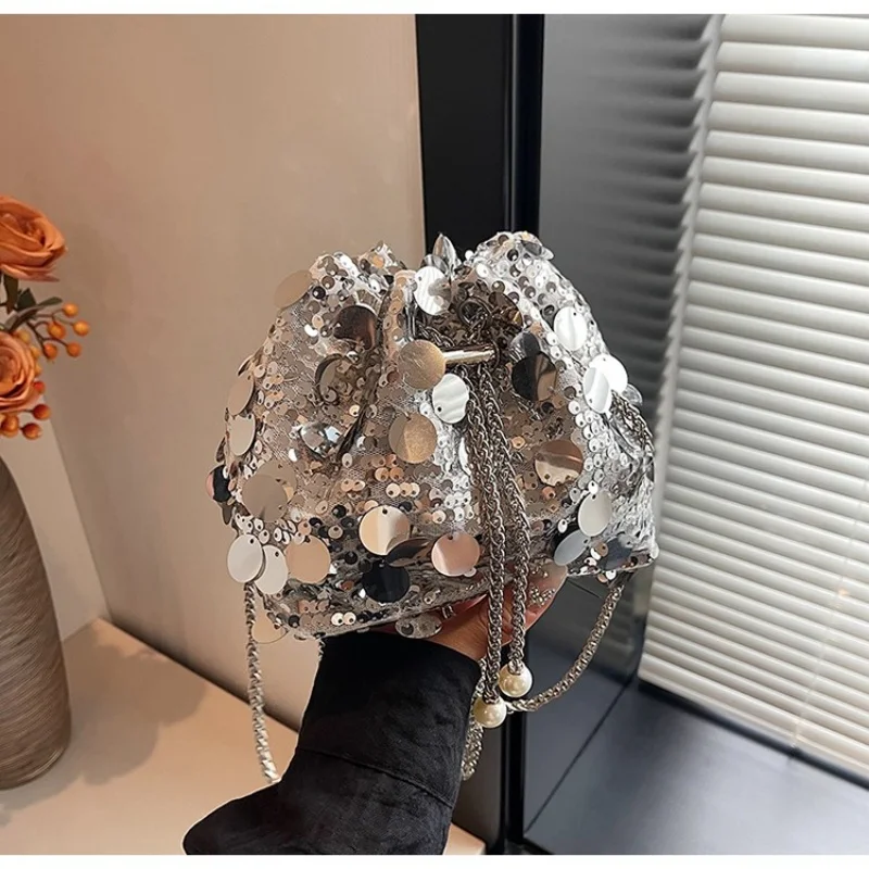

Women's Bag Light Luxury Sequin Chain Tassel Bucket Handbags Temperament Versatile Single Shoulder Crossbody Bags Birthday Gift