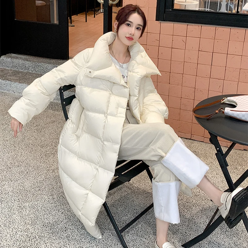 

Fashion Single Breasted Long Parkas Women Turn Down Collar Warm Jacket Woman Winter Concise Loose Thicken Pockets Parkas Female
