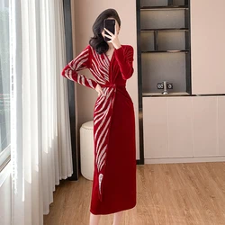 Fashion High Quality Women V Neck Velour Bodycon Clothes Winter Diamonds Cross Twist Spliced Red Velvet Split Party Midi Dresses