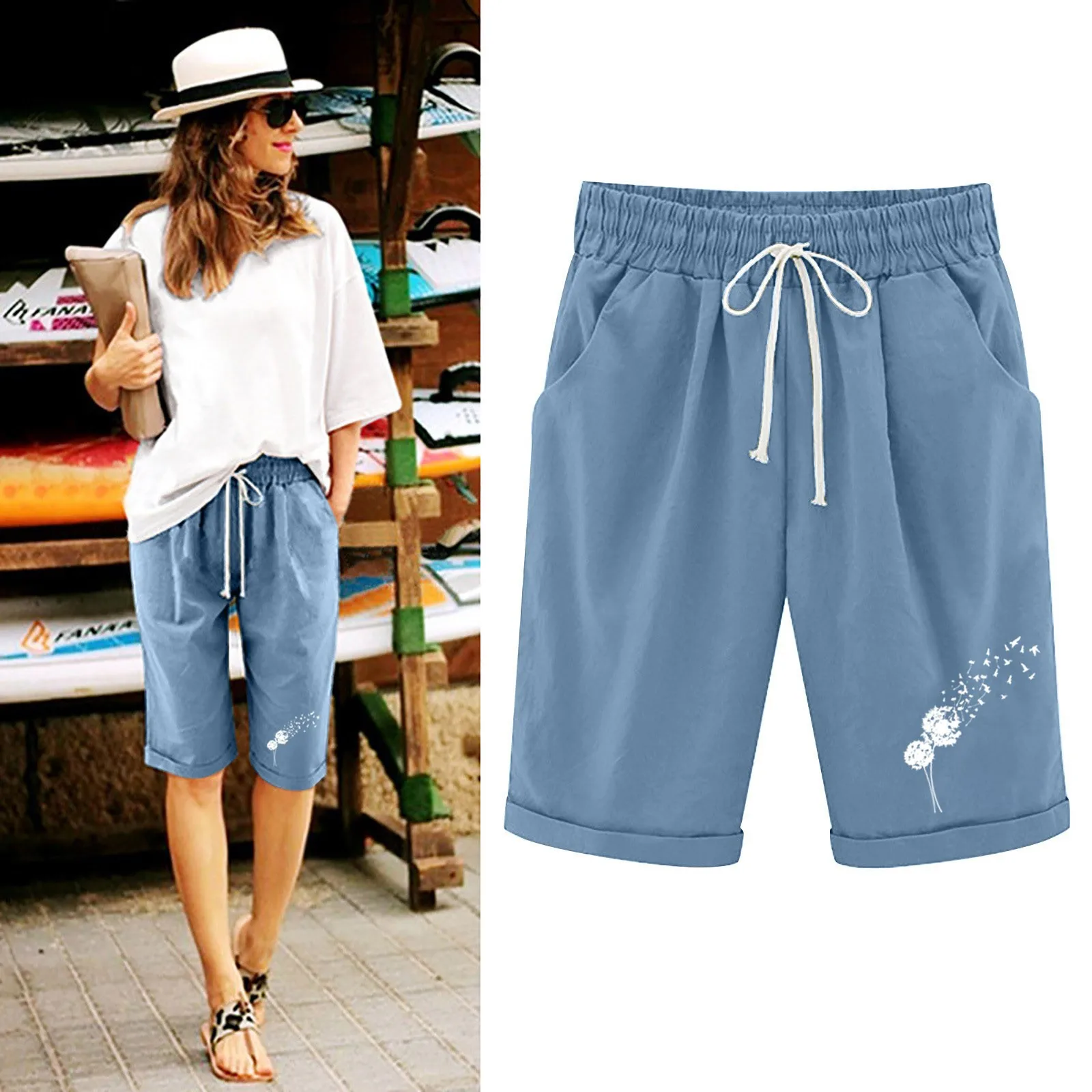 

Women Cotton Shorts Summer Casual High Waist Vintage Loose Dandelion Print Beachwear Breathable Knee Length Trousers Clothing