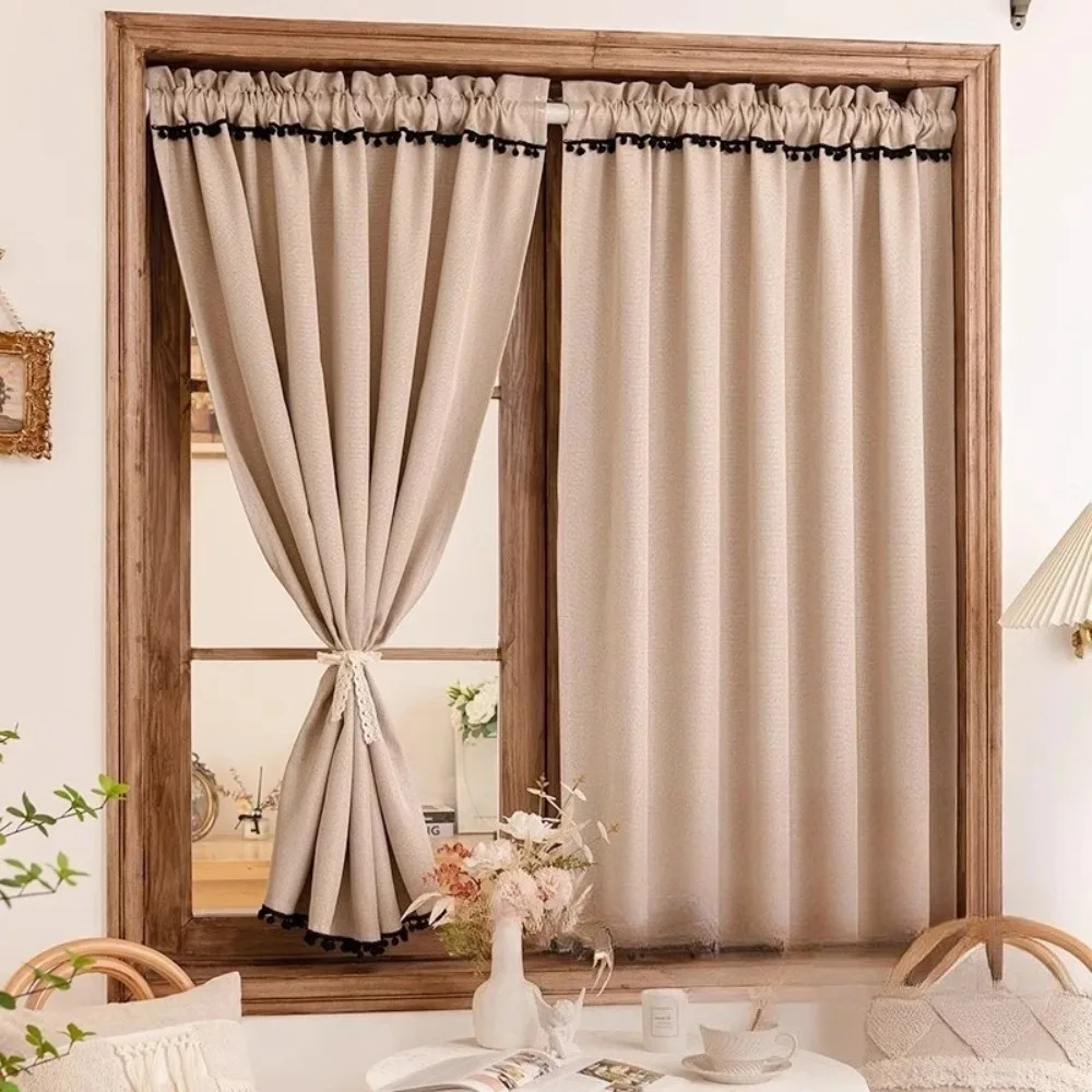 Beige Cotton Linen Blackout Kitchen Shielding Curtain for Living Room American Retro Door Short Half Cabinet Drilling Drapes