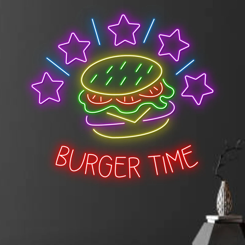 Burger Tempo Neon Sign para Burgers Shop, Fast Food, Decoração interior, LED Neon Signs, Restaurante Wall Art, Luz personalizada do negócio