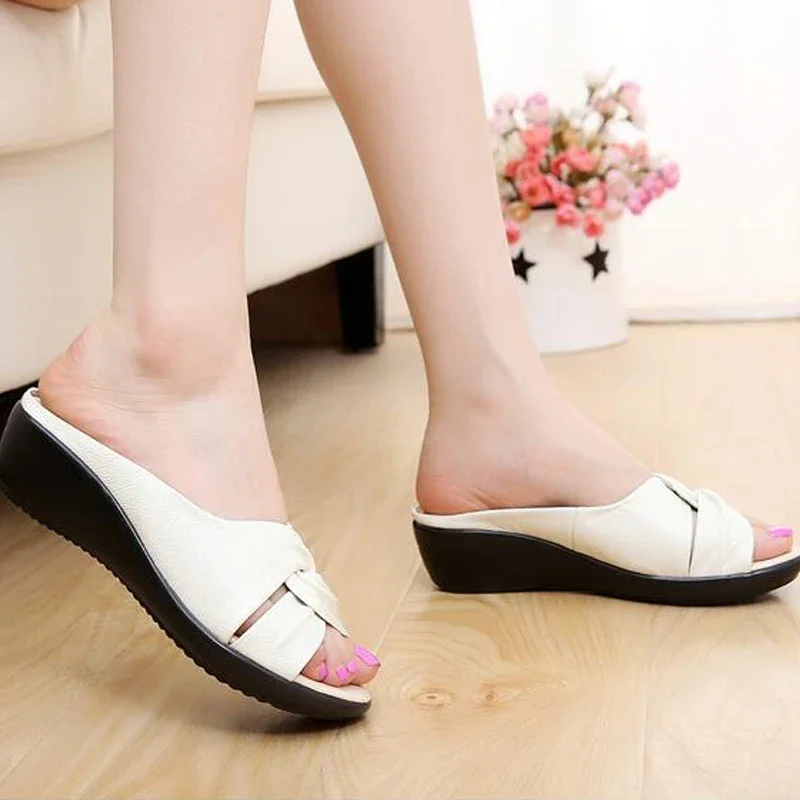 TIMETANG Summer New Leather Wedges Sandals Comfort Mother Shoes Woman Platform Flip Flops Slip On Creepers Flats C195