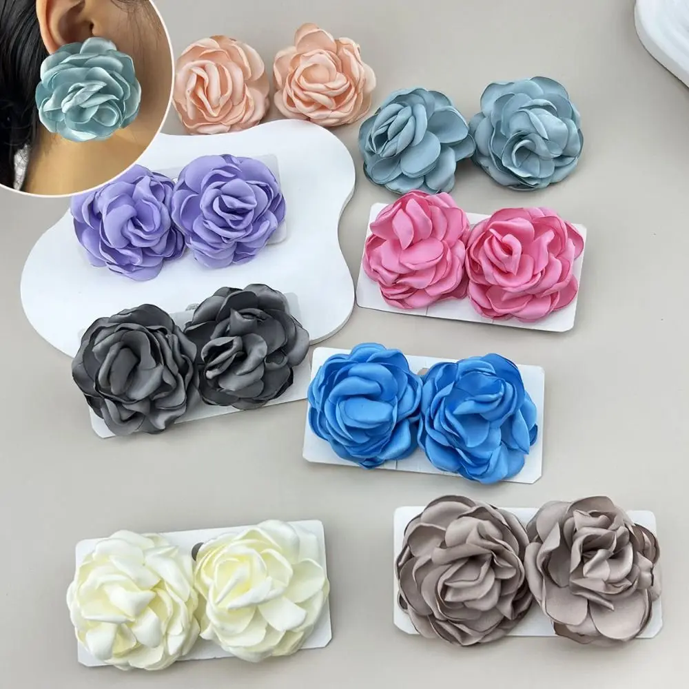 New Jewelry Accessories Large Flower Earrings Women Girls Fashion Solid Color Camellia Earrings Hat Decor Fabric Floral Ear Stud