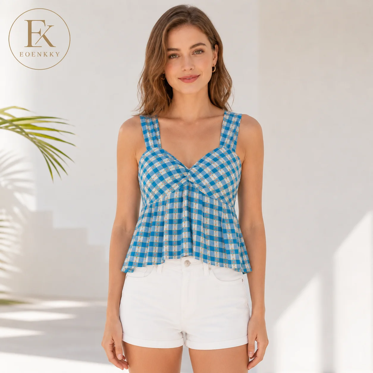 EOENKKY Women Blue Plaid Cami Top Floral Print Twist Front Wide Strap Sleeveless Smocked Back Peplum Crop Tank Top Summer