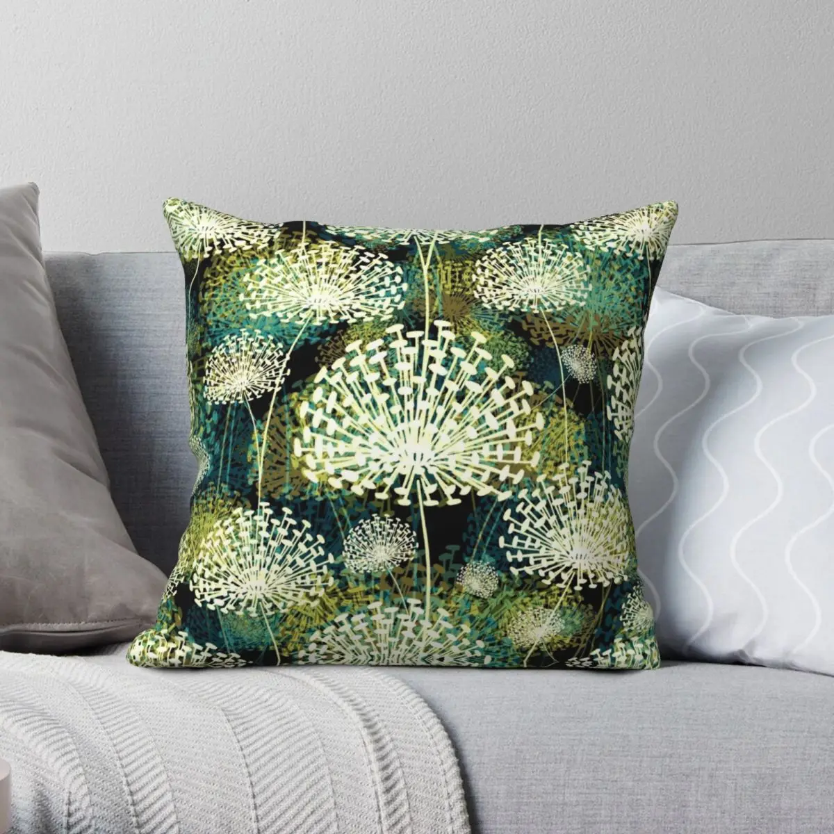 

Green Dandelions Flowers Floral Square Pillowcase Polyester Linen Velvet Creative Zip Decorative Home Cushion Cover