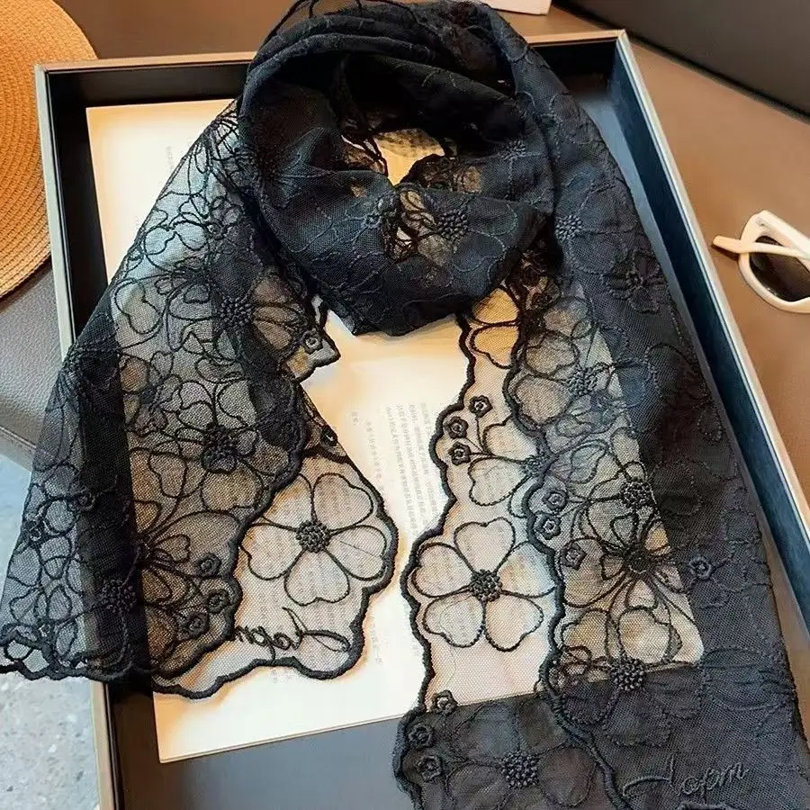 

Весенне-летний новый кружевной шелковый шарф с рюшами, женский прямоугольный черный цвет и белый цвет, тонкий универсальный декоративный шарф