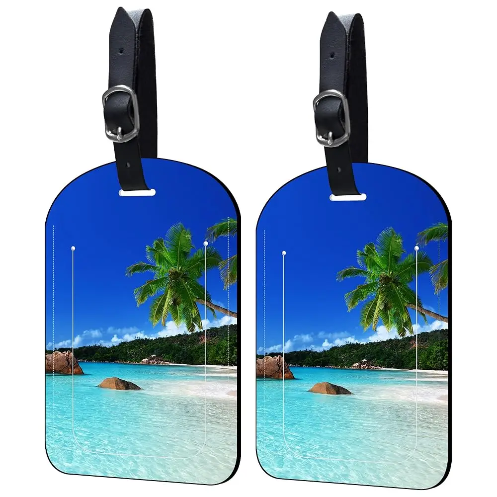 

2 Pack Luggage Tags Island's Beach PU Leather Baggage Handbag Suitcase Tags with Secure Strap Privacy Cover ID Labels,Busines