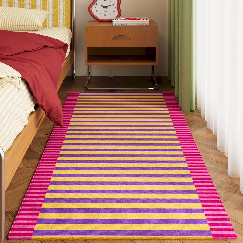 VIKAMA Pink Striped Bedside Carpet Cute Soft Anti Slip Floor Mat Bedroom Dormitory Bedside Home Decor Running Carpet