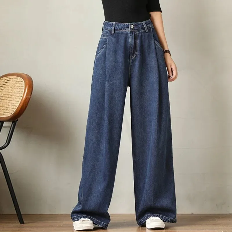 Women\'s Oversize Elastic High Waist Wide Leg Jeans Autumn Women Vintage High Quality Casual Baggy JeansWash Straight Trousers