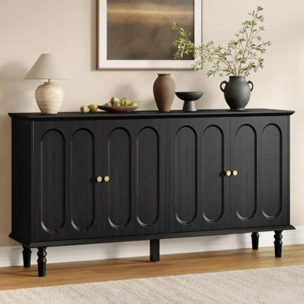63 Inch Buffet Cabinet with Storage, Arched Sideboard Cabinet with 4 Doors and Adjustable Shelves, Wooden Coffee Bar