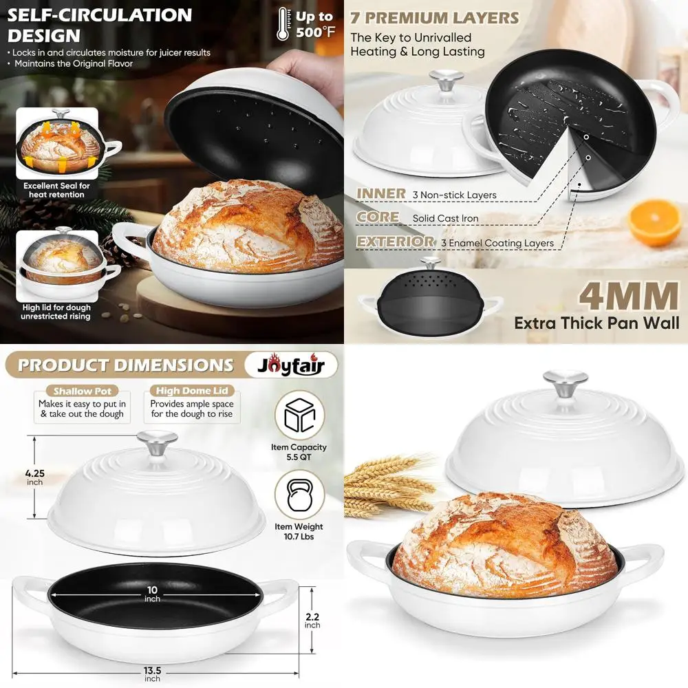 

Эмалированная чугунная жаровня (голландская печь) 5,5 л для выпечки хлеба на закваске, с антипригарным покрытием и двумя ручками, пригодна для использования в духовке до 500°C. ° Ф,