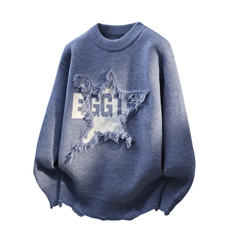 New Fashion Men Ripped Pullover Sweaters Outwear Loose Casual Knitted Sweaters Quality Male O-neck Pullovers Sweatercoats Size 4
