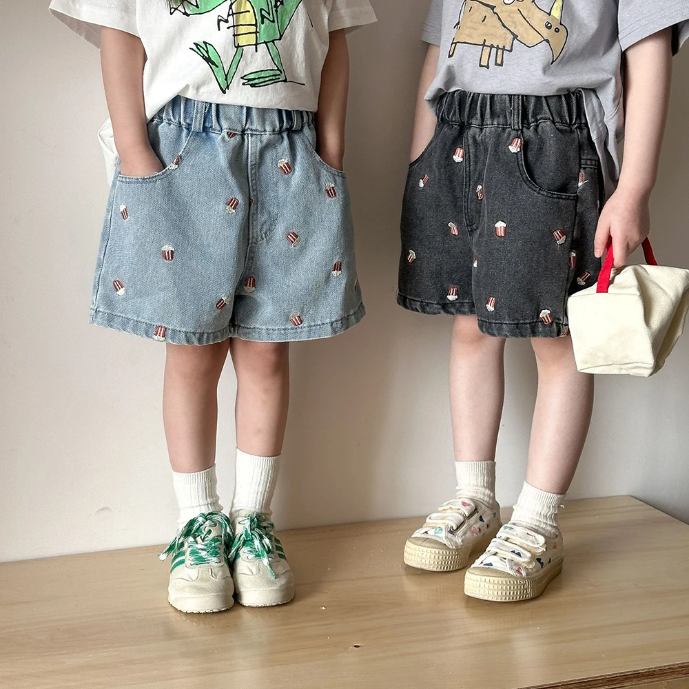 2026 Summer Kids Denim Shorts for 80-150cm Boys Girls Popcorn Embroidery Elastic Waist Casual Knee Length Teenage Children Pants