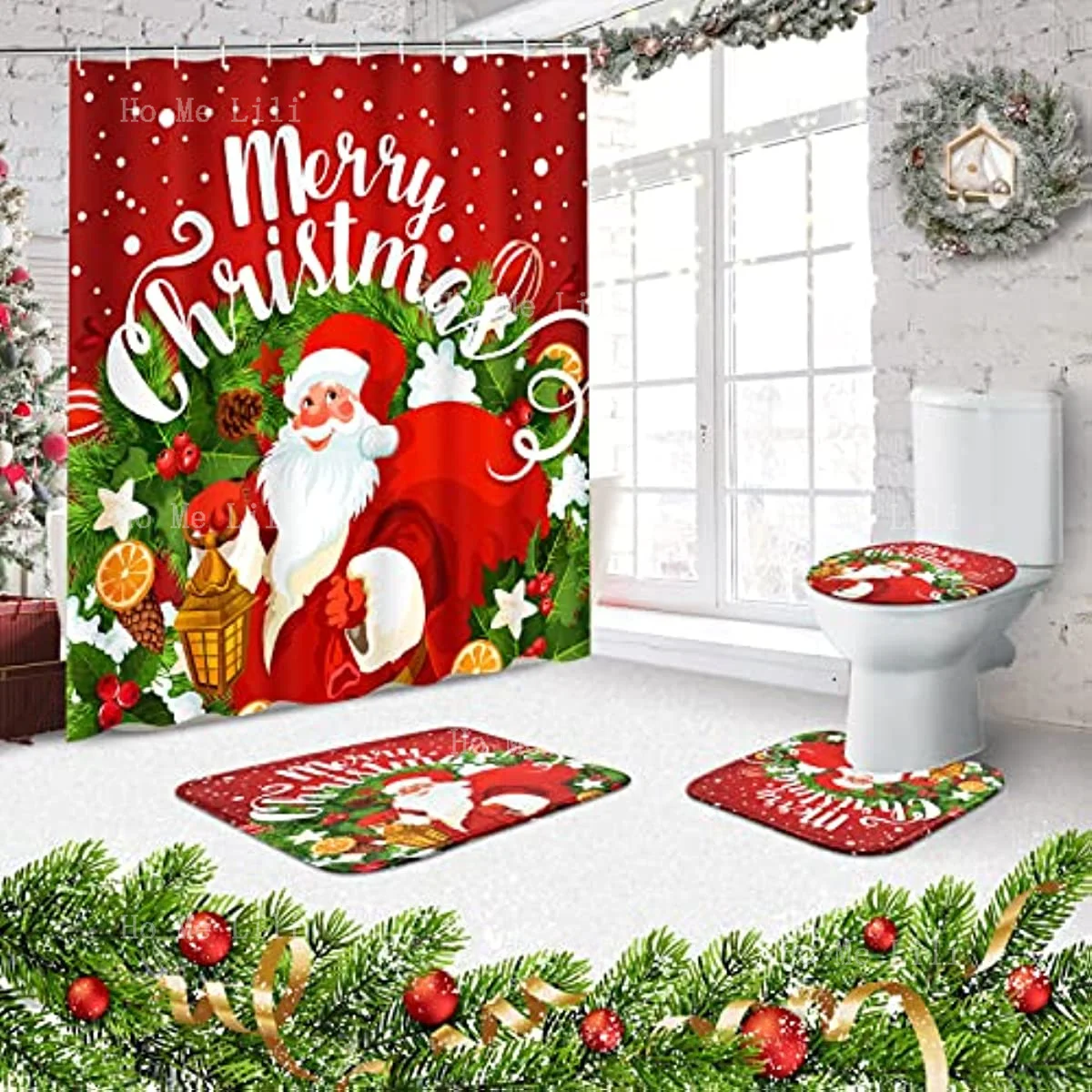 Santa Shower Curtain Set With Berry Christmas Lanterns And Red For The Bathroom