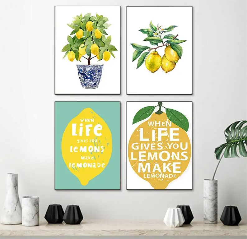 الليمون طباعة الصينية زارع بونساي قماش اللوحة زن ديكور الفن الشرقي الأزرق الأبيض الصفصاف نمط الليمون المشارك ديكور المطبخ #2