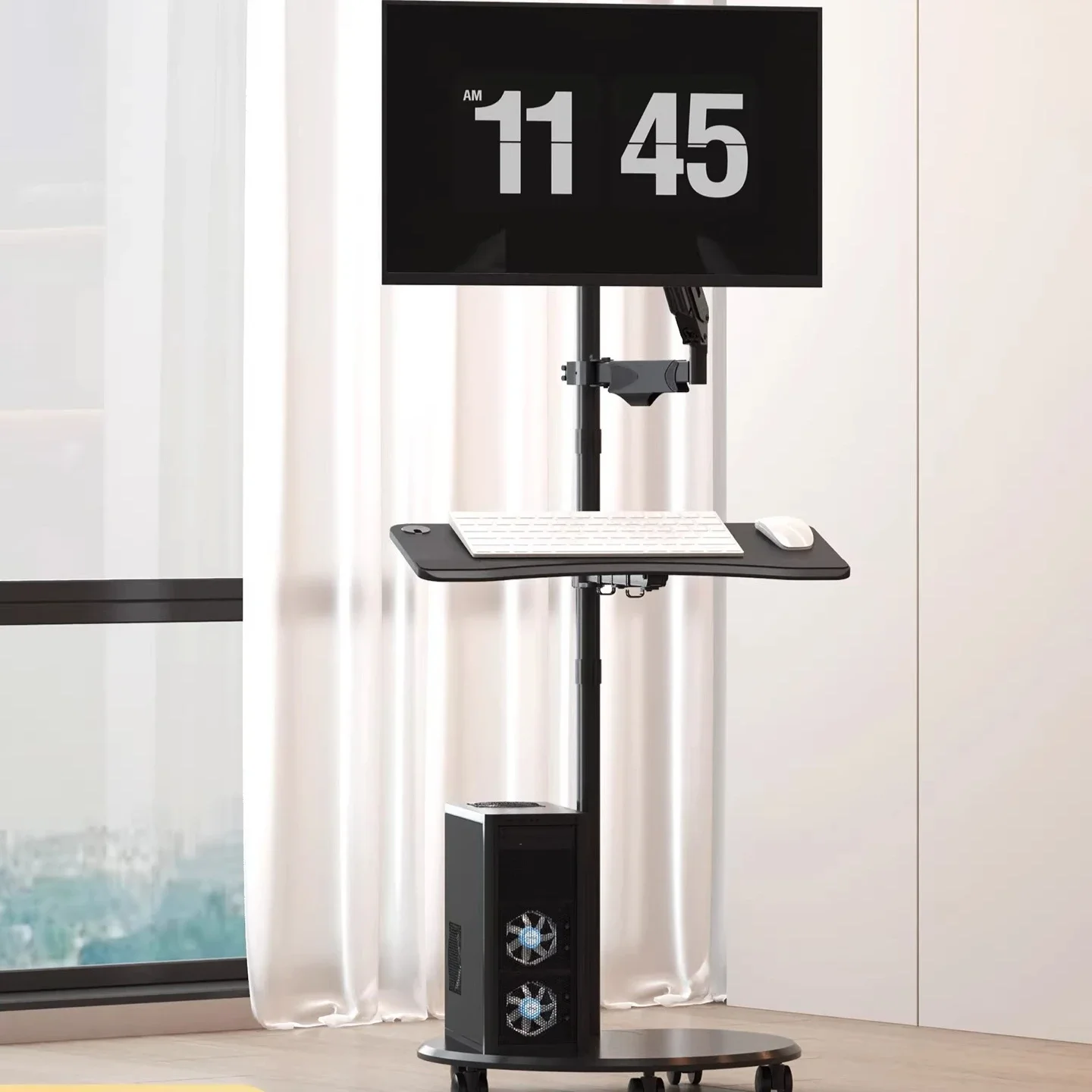 Zhircheng Movable Floor Monitor Stand with Keyboard Support Standing Lifting Rotary Telescopic Cantilever Shelf