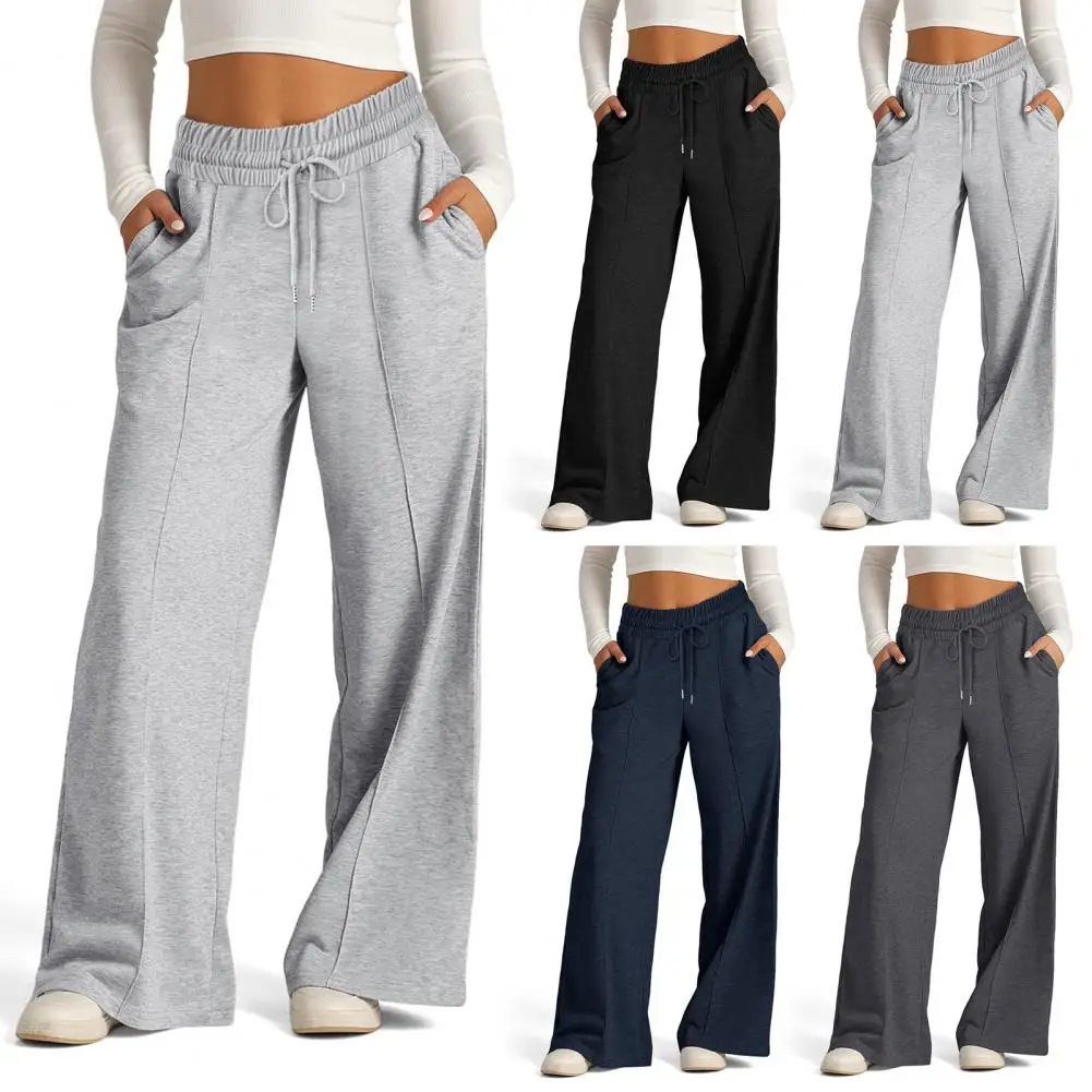 Pantalones de chándal cómodos para mujer, pantalones de pierna ancha con bolsillos de cintura elástica con cordón, ropa de salón deportiva suelta