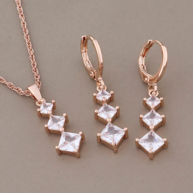 New Fashion 2023 Square Natural Zircon Drop Earrings Set Of Jewelry For Women 585 Rose Gold Color Wedding Gift