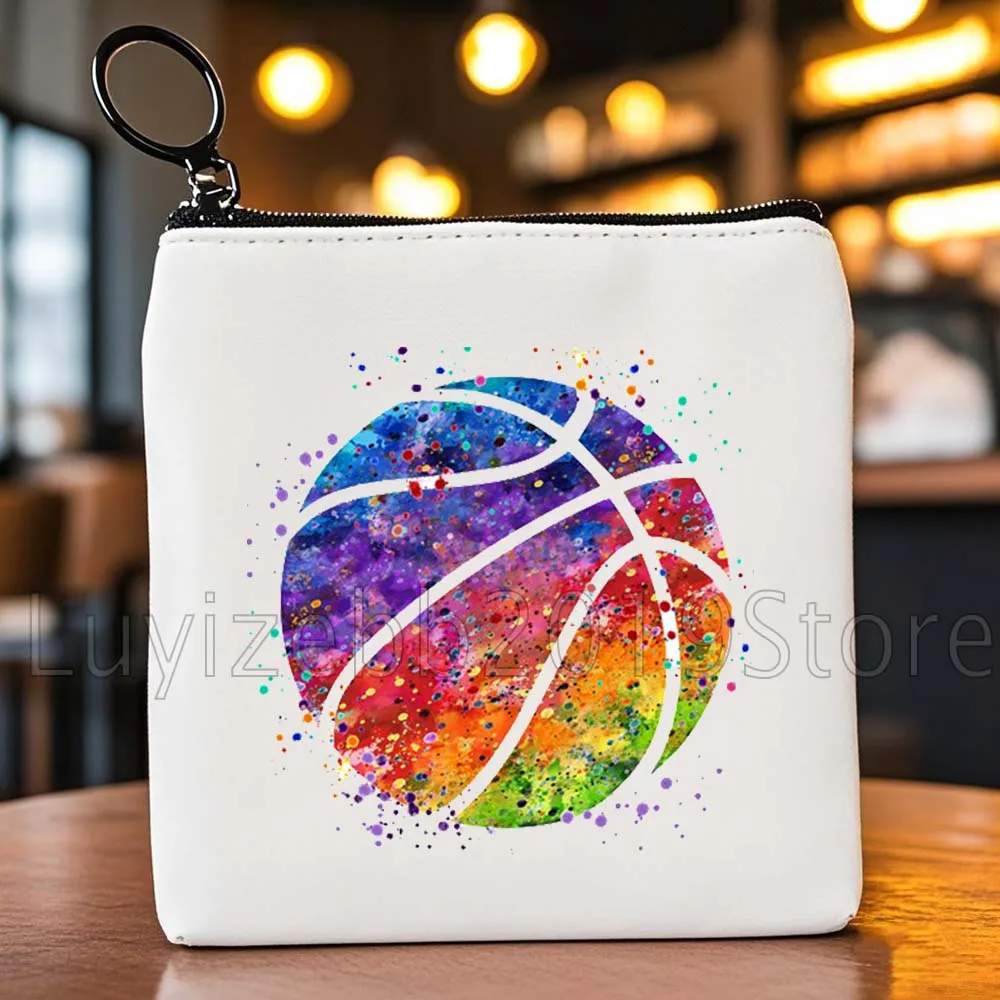 Basketball Ball Watercolor Sports Gifts Canvas Coin Purse Small Square Bag Key Travel Storage Card Bags Wallet Pouch Portable