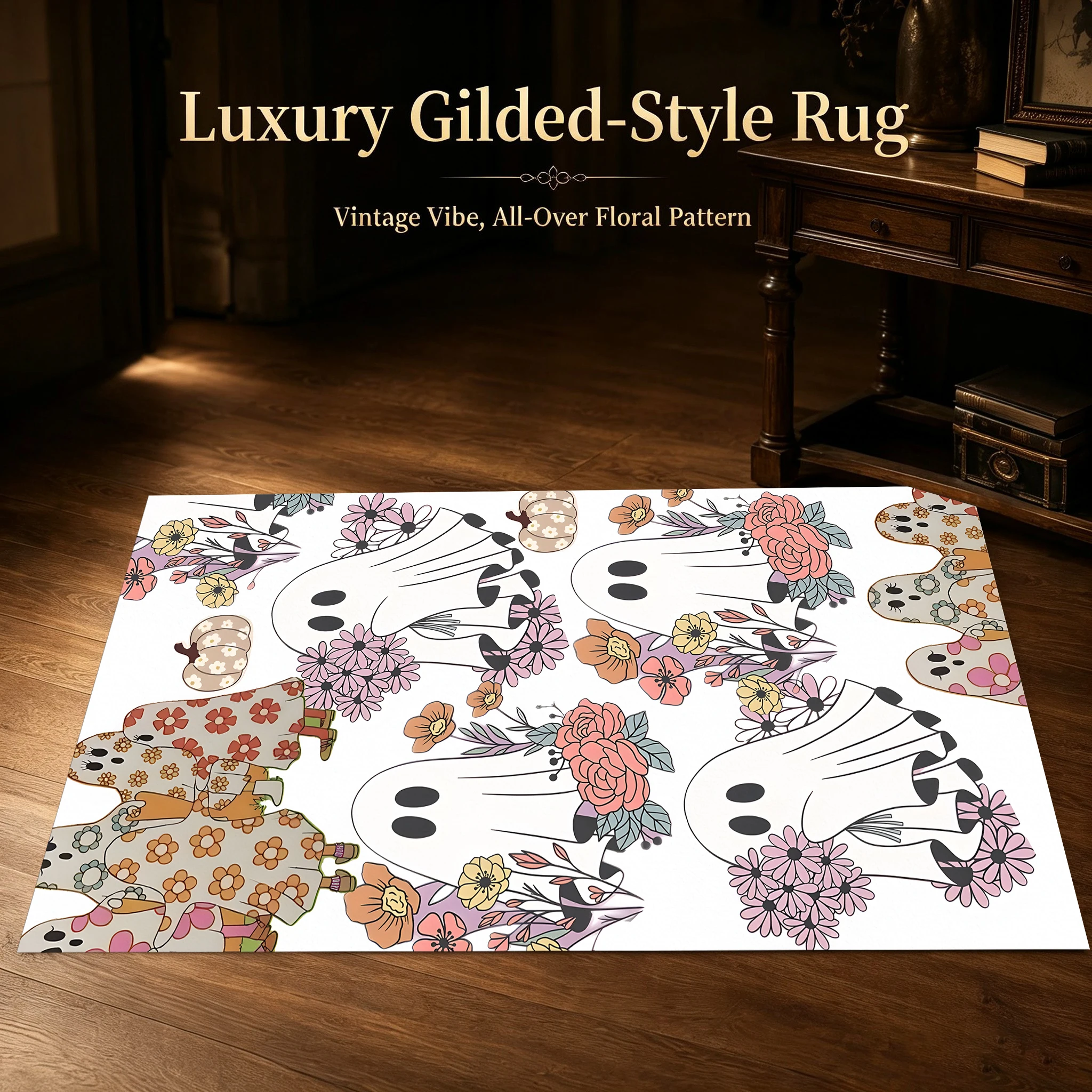 Cartoon Pumpkin Ghost Candy Halloween Velvet Area Rug, for Entryway Living Room Bedroom, Autumn Winter