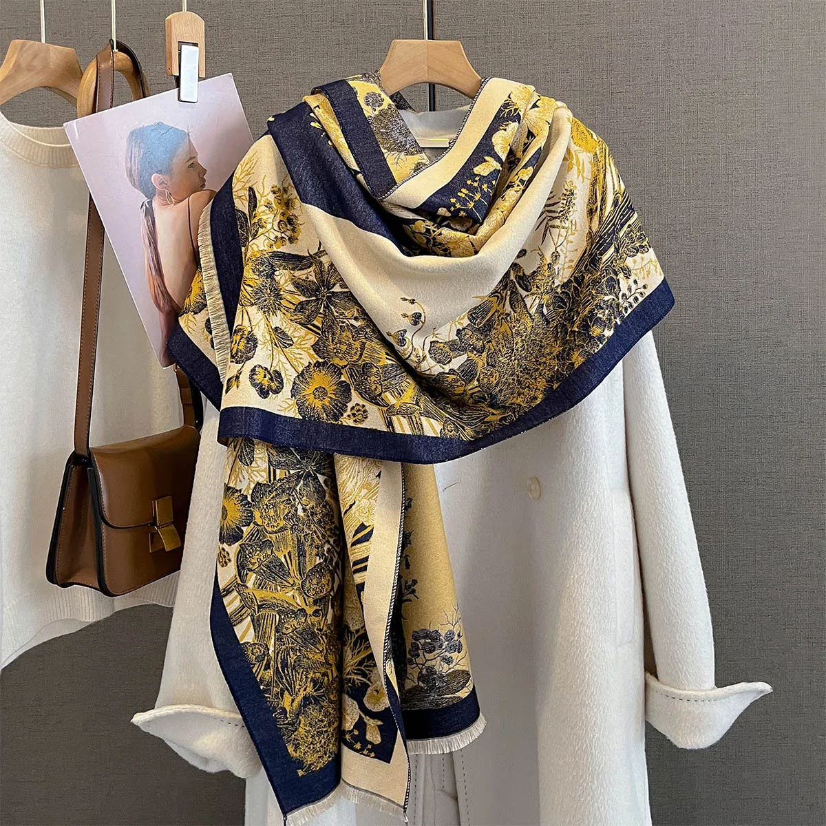 

Winter Cashmere Scarf Women Luxury Floral Print Female Shawl Wrap Elegant Poncho Lady Thick Warm Blanket Gift Echarpe Pashmina